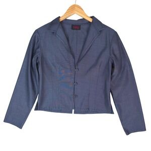 Ruby Blazer Women Medium Blue Iridescent Shimmer 3 Button Long Sleeve Cropped